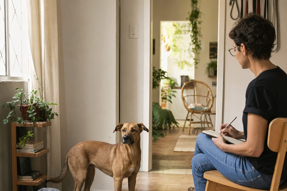 Cão adulto adotado permanece em uma sala tranquila enquanto uma pessoa adulta faz anotações à distância.