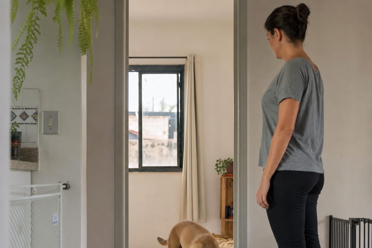 Cão adulto adotado explora a entrada de um cômodo seguro, com porta aberta para retornar e uma pessoa adulta parada à distância.