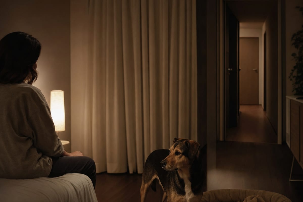 Cão em uma sala pouco iluminada perto de uma cama, enquanto uma pessoa sentada permanece a distância.