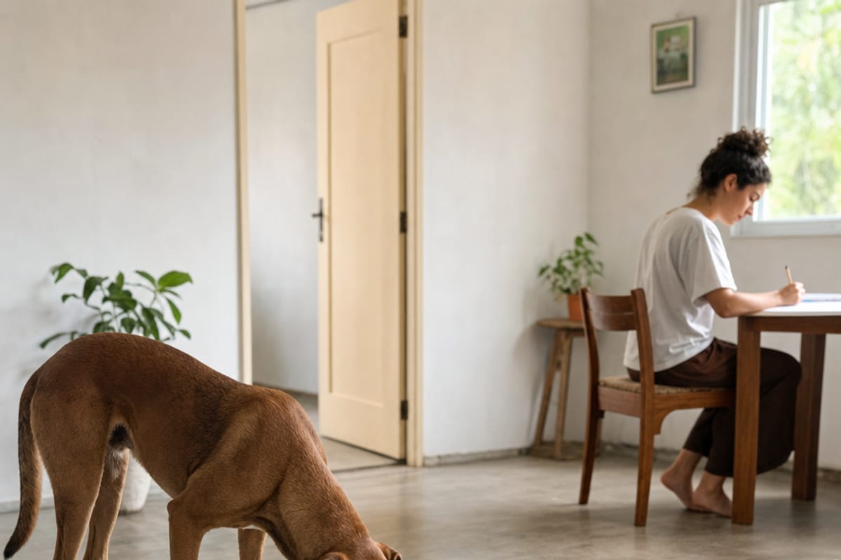 Pessoa adulta escreve em uma folha sem texto legível enquanto um cão adulto explora o piso de uma sala tranquila.