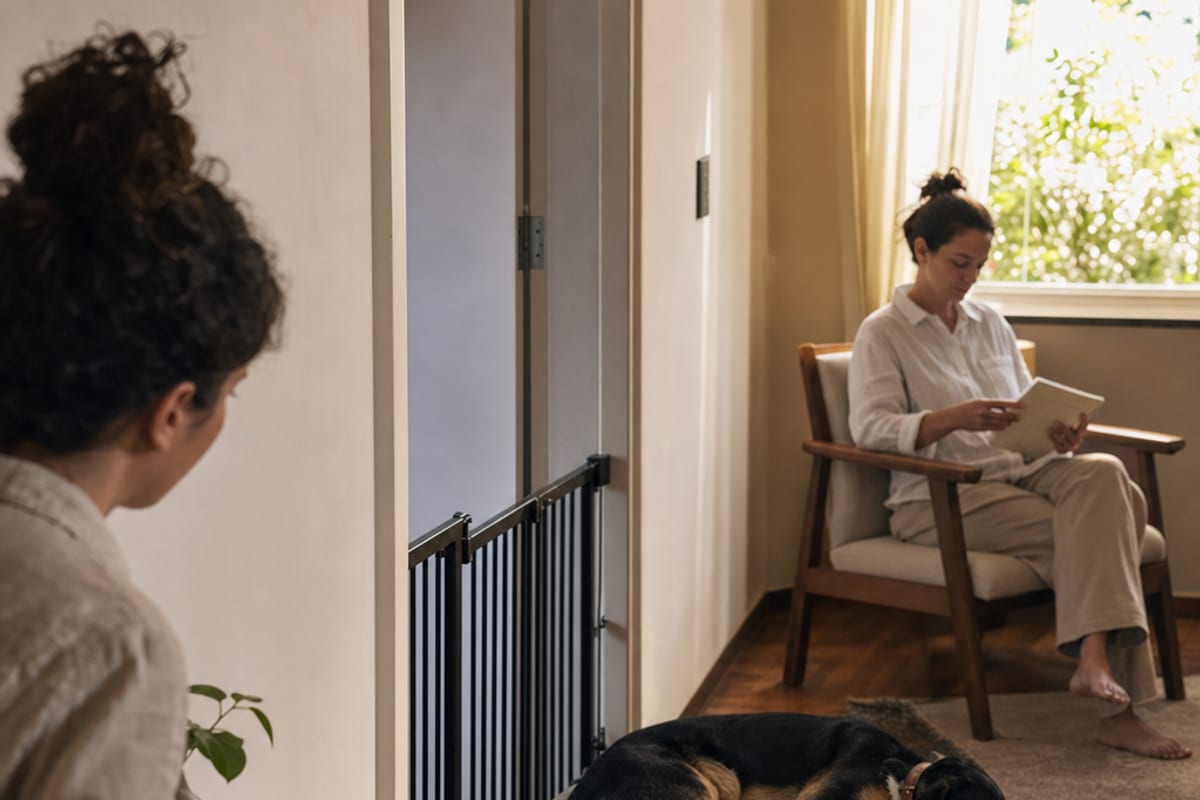Uma pessoa adulta em primeiro plano e outra sentada com uma folha ficam distantes de um cão adulto deitado no piso.