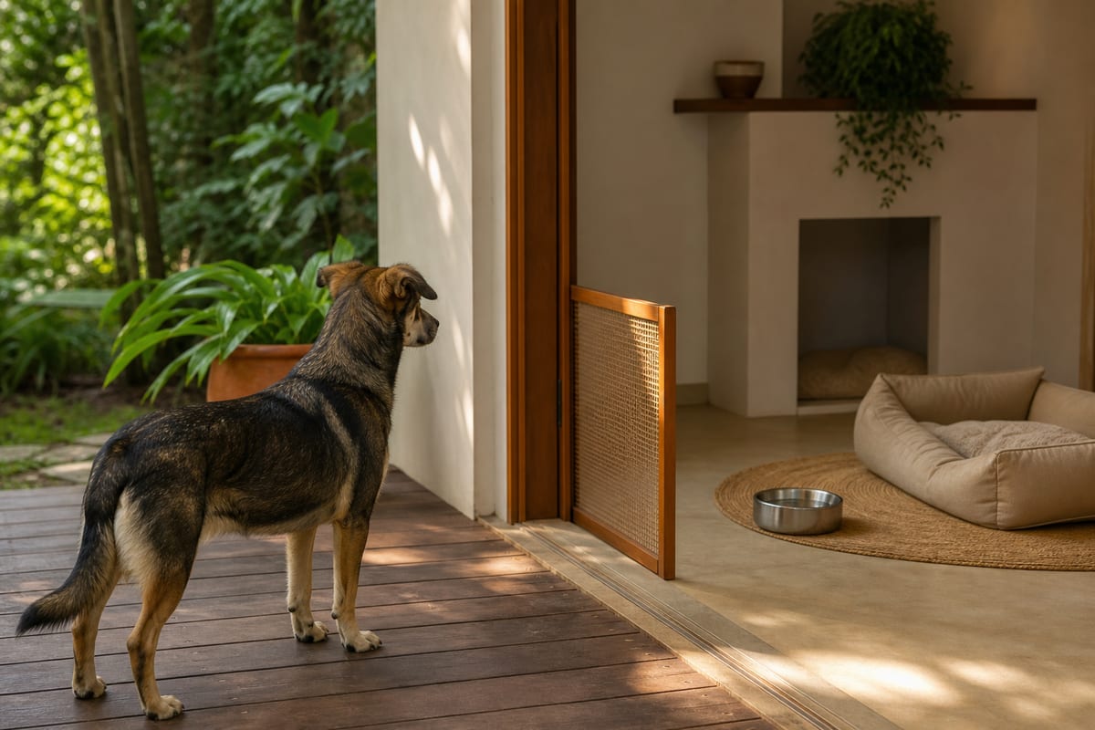 Cão adulto sem raça definida observa, a uma distância confortável, um quarto preparado com cama aberta, água e passagem livre.