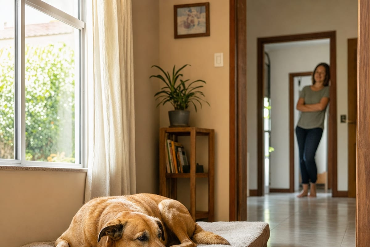 Cão relaxado descansa em uma cama limpa perto de uma janela, enquanto uma guia e um brinquedo íntegro ficam guardados ao fundo.