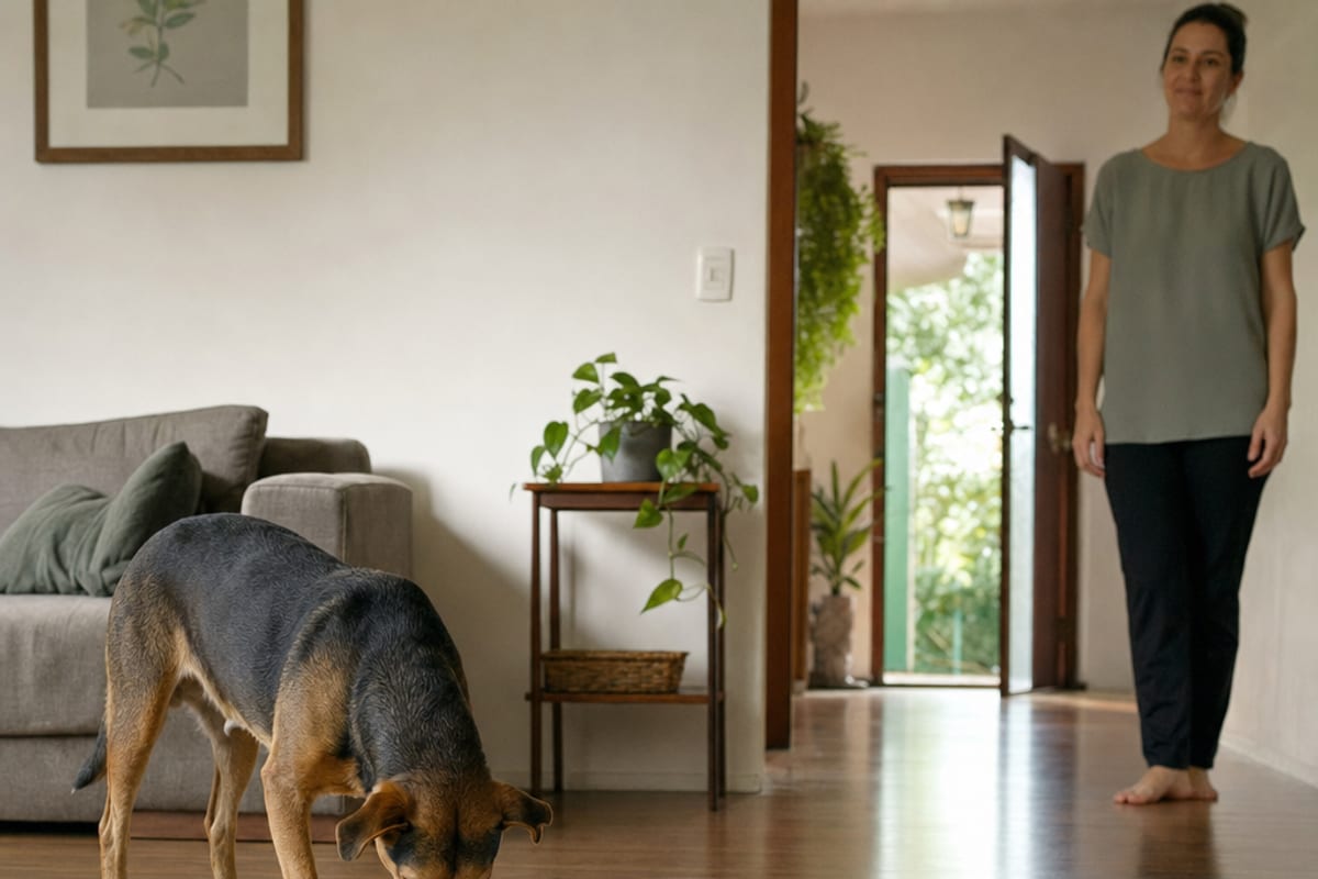 Cão explora o piso livre de uma sala enquanto uma pessoa observa a distância e uma porta aberta permite a saída.