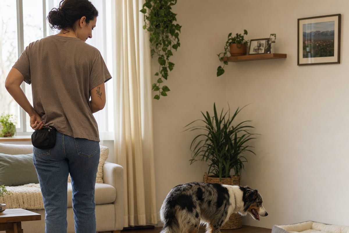 Pessoa guarda as recompensas com postura tranquila enquanto o cão se afasta voluntariamente para uma cama próxima e acessível.