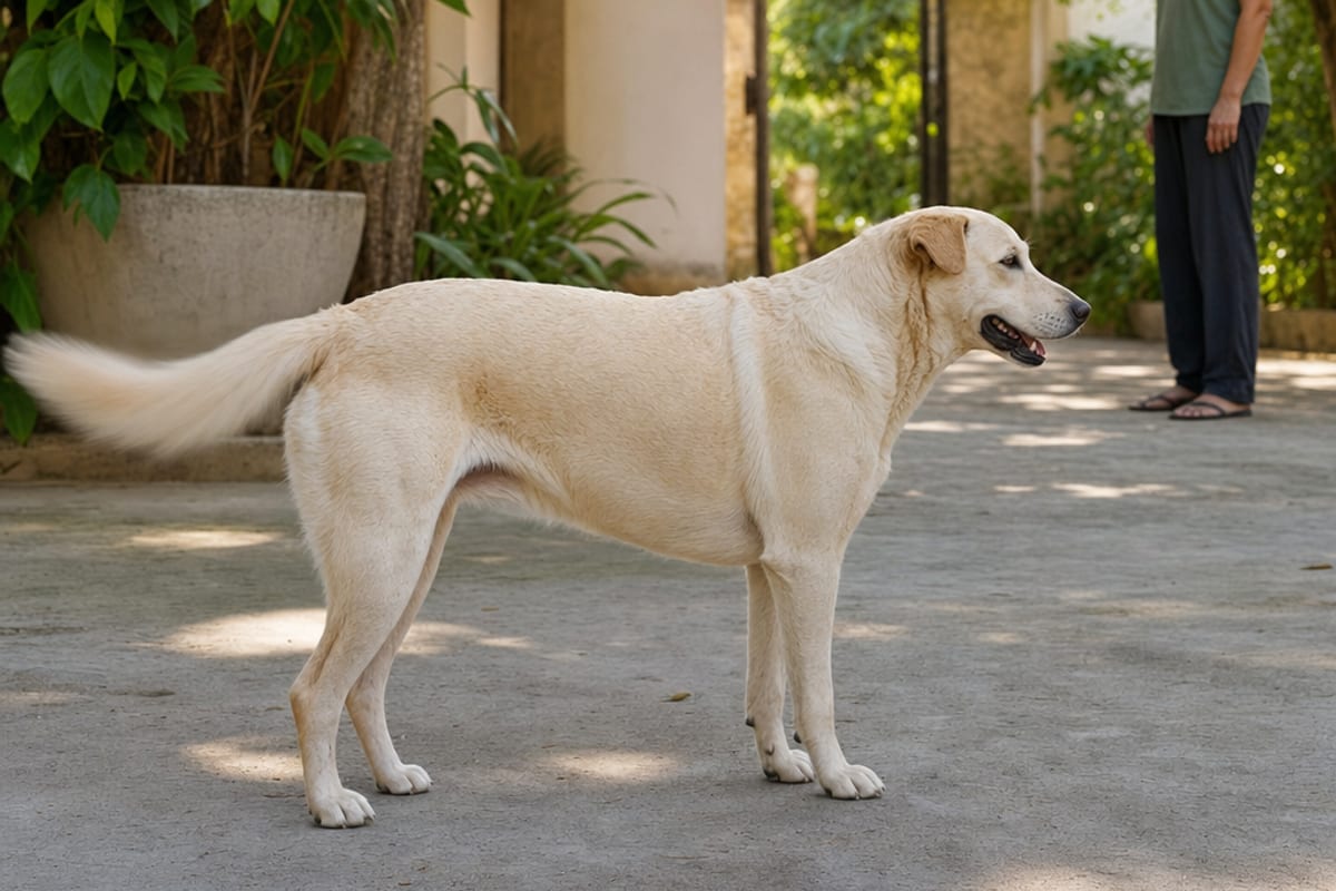 Cão em pé visto de lado movimenta a cauda enquanto mantém todo o corpo visível e uma passagem livre para se afastar.