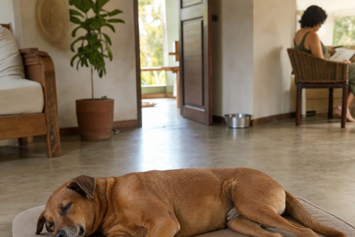 Cão deitado de lado em uma sala tranquila, com músculos soltos, rosto suave e passagem livre para mudar de lugar.