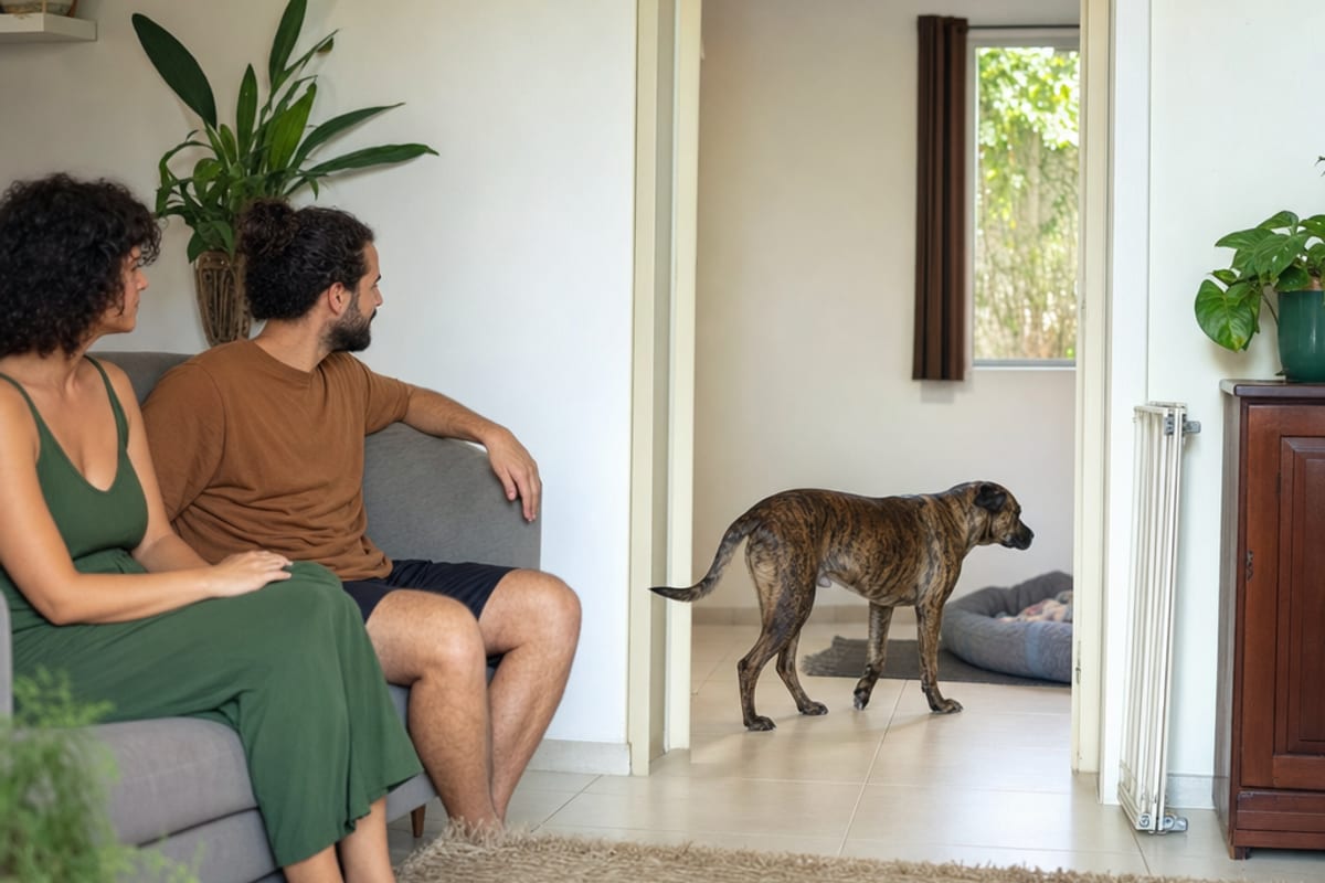 Cão caminha por uma passagem livre para sair da sala enquanto duas pessoas permanecem paradas e mantêm distância.