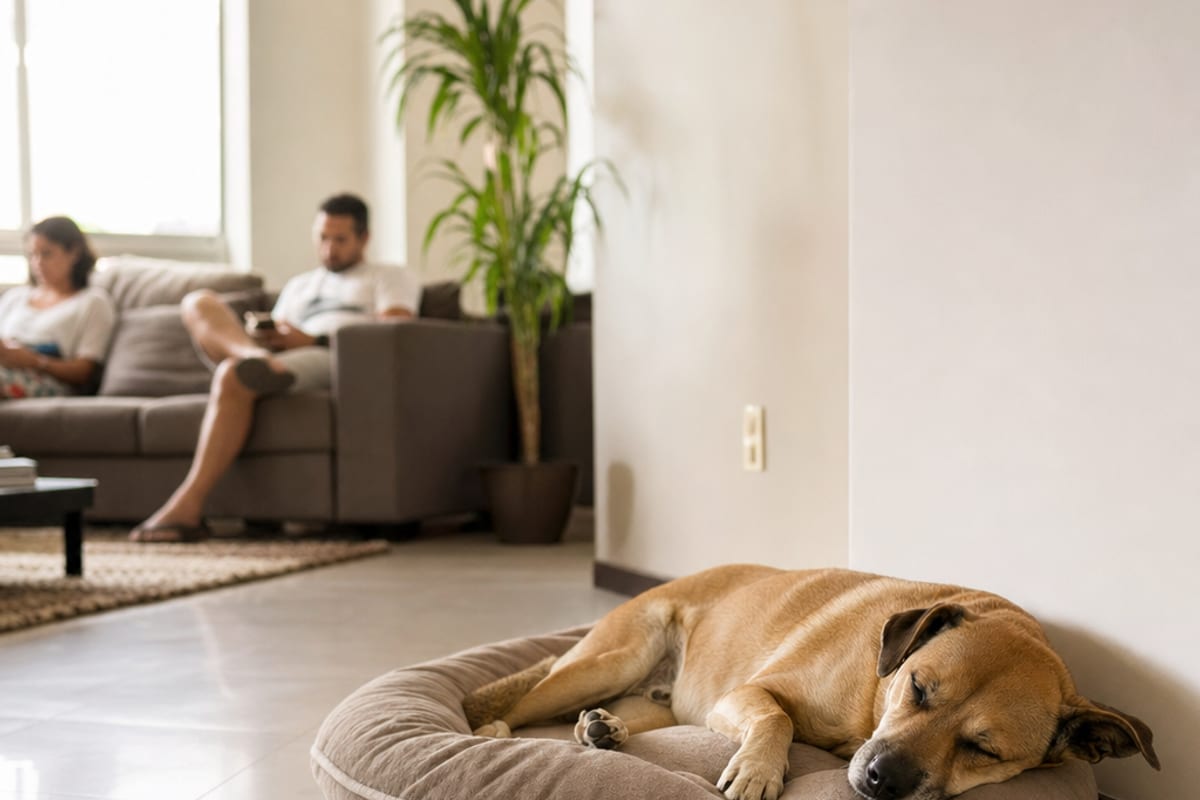 Cão dorme em uma cama no chão da sala enquanto duas pessoas ficam sentadas ao fundo, sem tocá-lo.