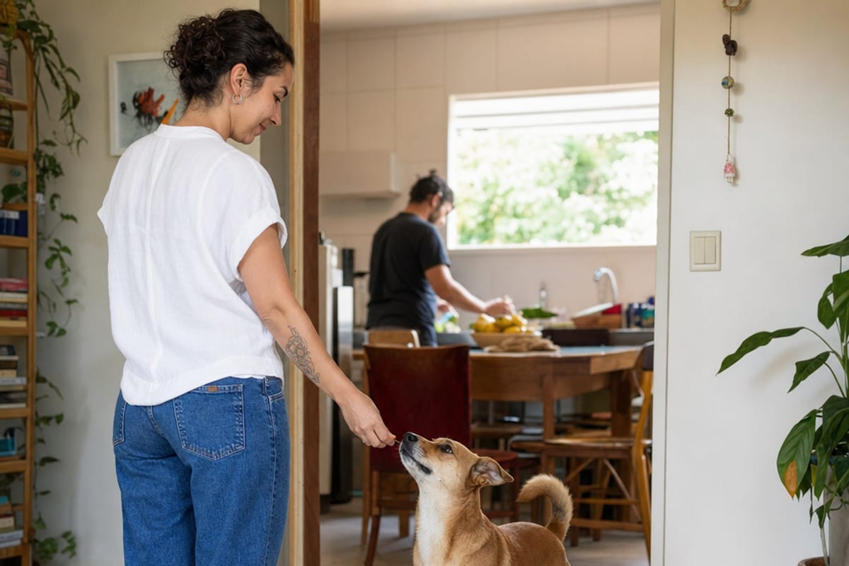 Cão recebe uma pequena recompensa após manter quatro patas no piso, em uma interação doméstica calma e com espaço para se afastar.