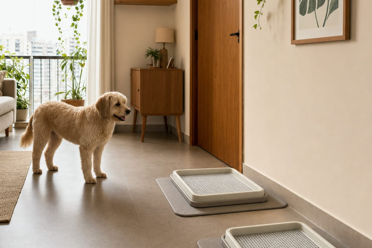 Dois pontos próximos mostram uma pequena mudança de posição da mesma bandeja, enquanto o cão observa com corpo relaxado e saída livre.
