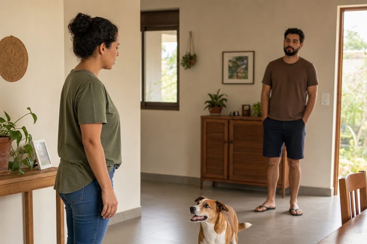 Duas pessoas observam o cão com postura calma enquanto uma delas dá uma única pista e a outra mantém as mãos paradas.