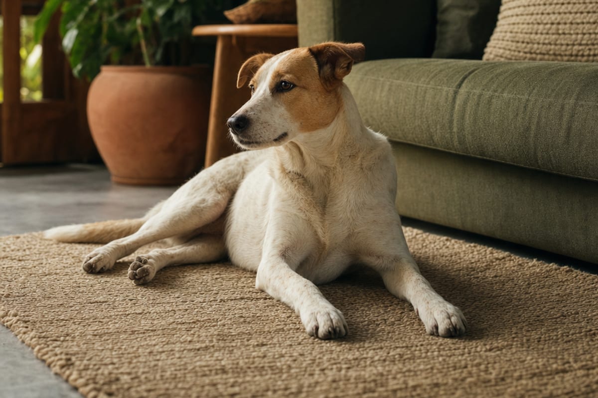 Cão relaxado vira naturalmente a cabeça e uma orelha para um som fora do quadro em uma sala tranquila.
