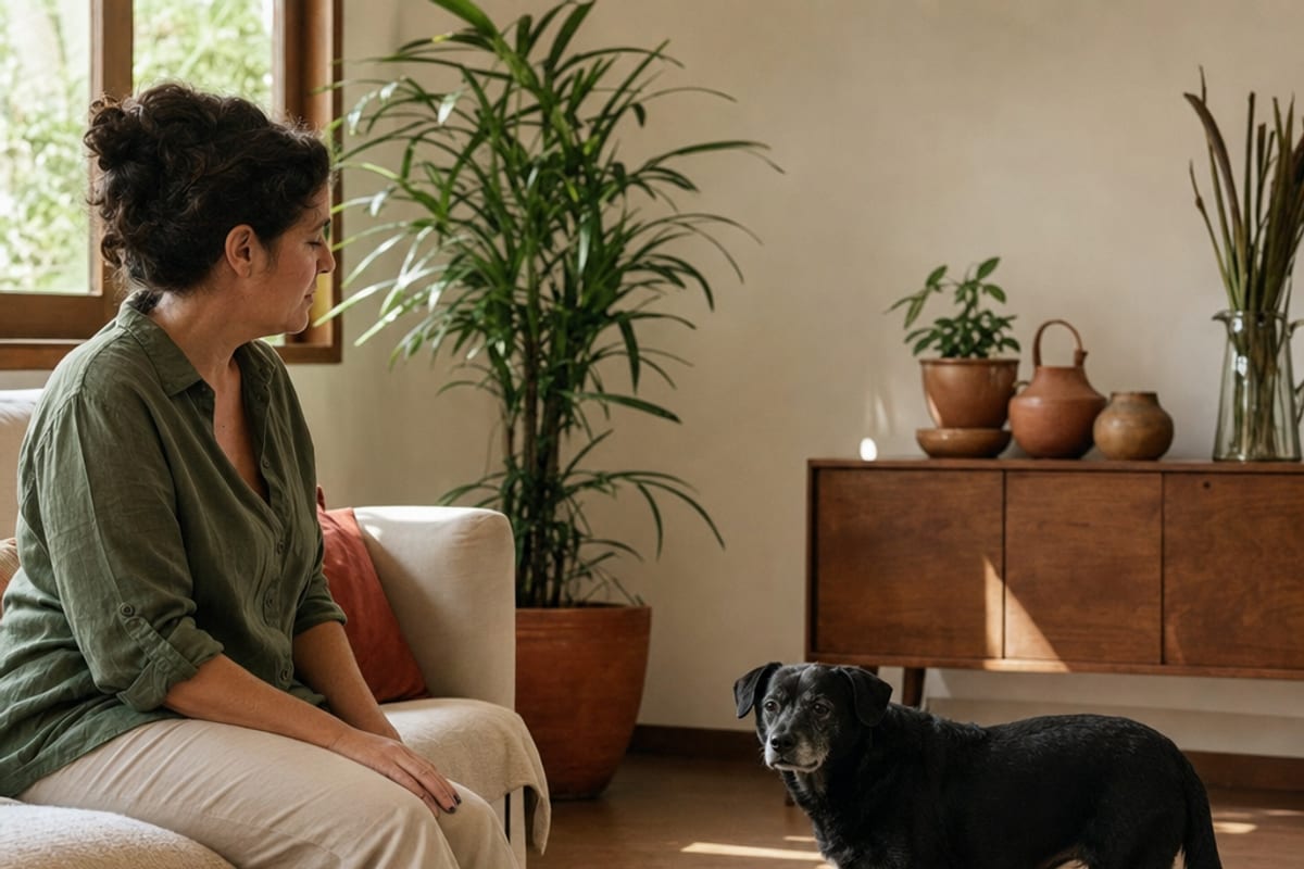 Pessoa sentada mantém a mão parada após um carinho curto enquanto o cão relaxado pode se aproximar ou sair livremente.
