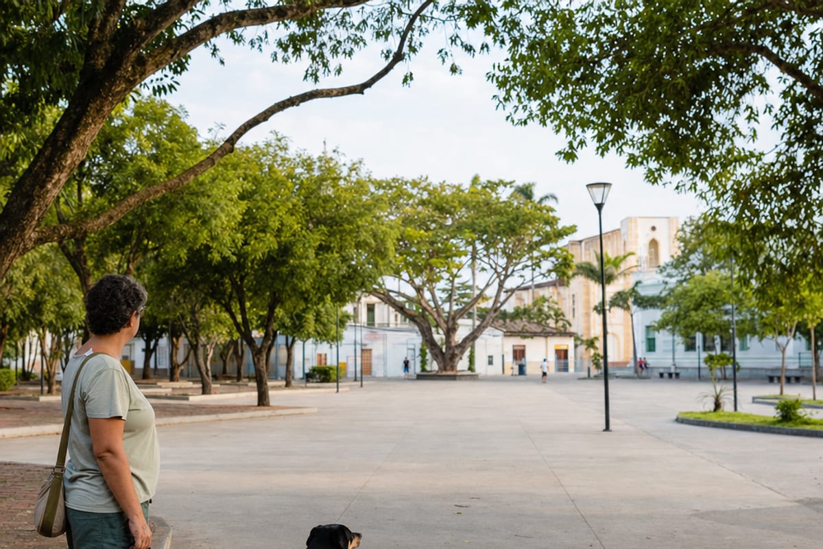 Pessoa e cão relaxado observam uma praça ampla e vazia, com piso firme, sombra e várias rotas livres para sair.