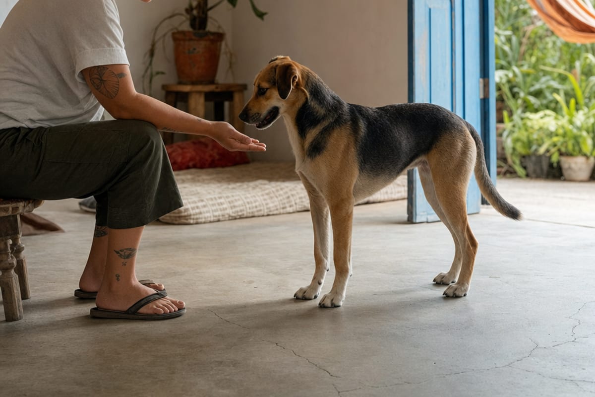 Pessoa sentada marca uma escolha simples de um cão relaxado, com recompensa na mão aberta e espaço livre ao redor.