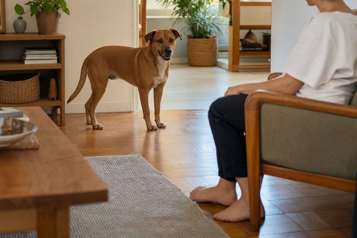 Pessoa sentada de lado observa um cão em pé com postura solta, mantendo distância e uma passagem livre na sala.