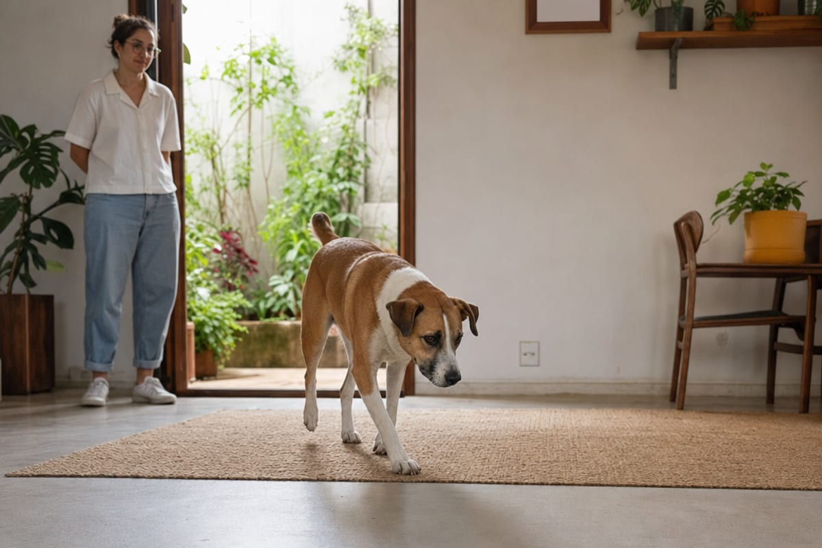 Cão caminha sobre um tapete em uma sala enquanto uma pessoa observa a distância e a porta aberta mantém uma saída disponível.