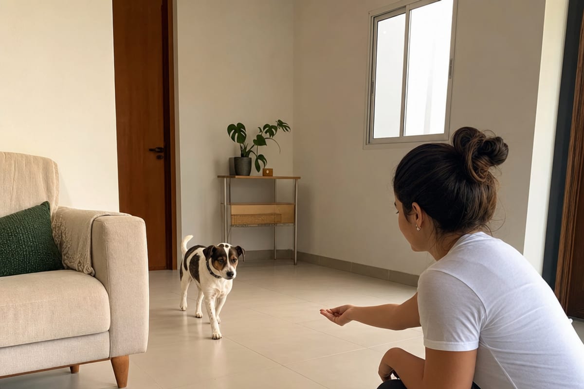 Cão caminha voluntariamente por curta distância até uma pessoa agachada de lado em uma sala fechada e sem obstáculos.