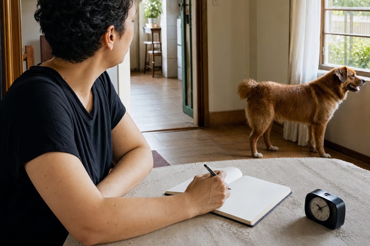 Pessoa anota horário e contexto em um caderno enquanto observa à distância um cão relaxado perto de uma janela.