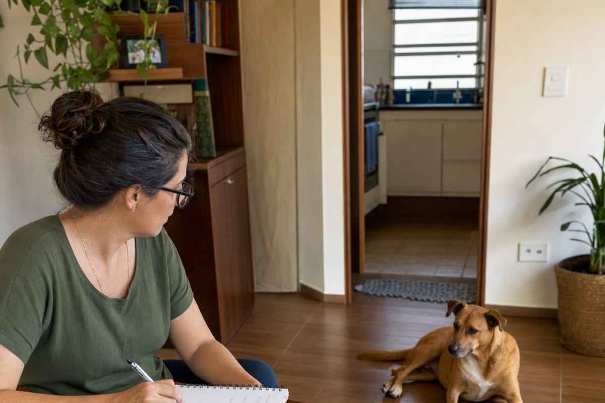 Pessoa anota observações em um caderno ao lado de um cão descansando, com calendário e telefone sobre a mesa e sem exame caseiro.