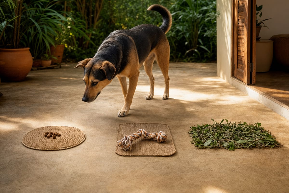 Cão relaxado observa três opções separadas: pequenos alimentos, um brinquedo macio e uma área aberta para farejar.