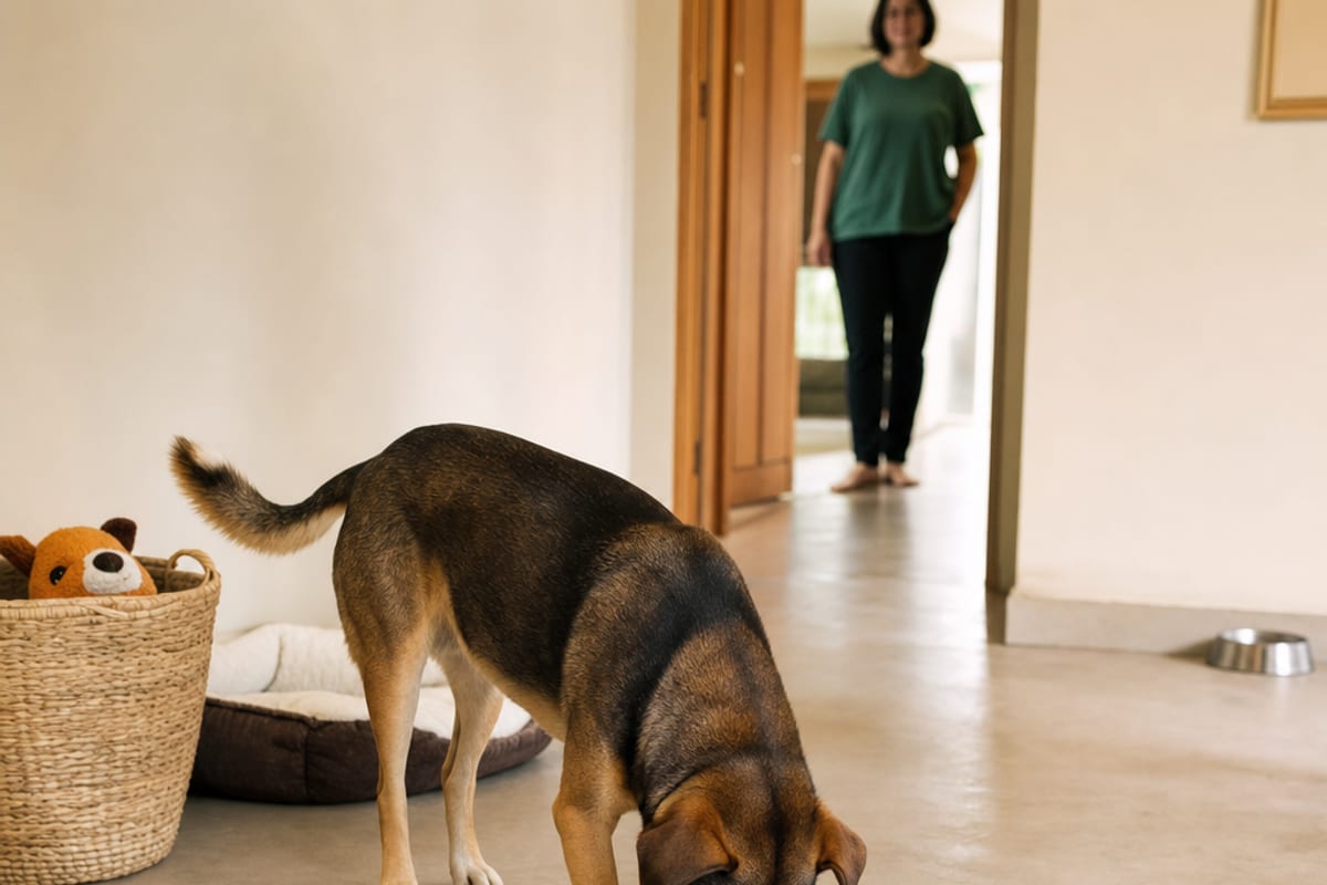 Cão fareja dois pontos visíveis em uma sala organizada, com brinquedo guardado, cama limpa e água disponível em áreas separadas.