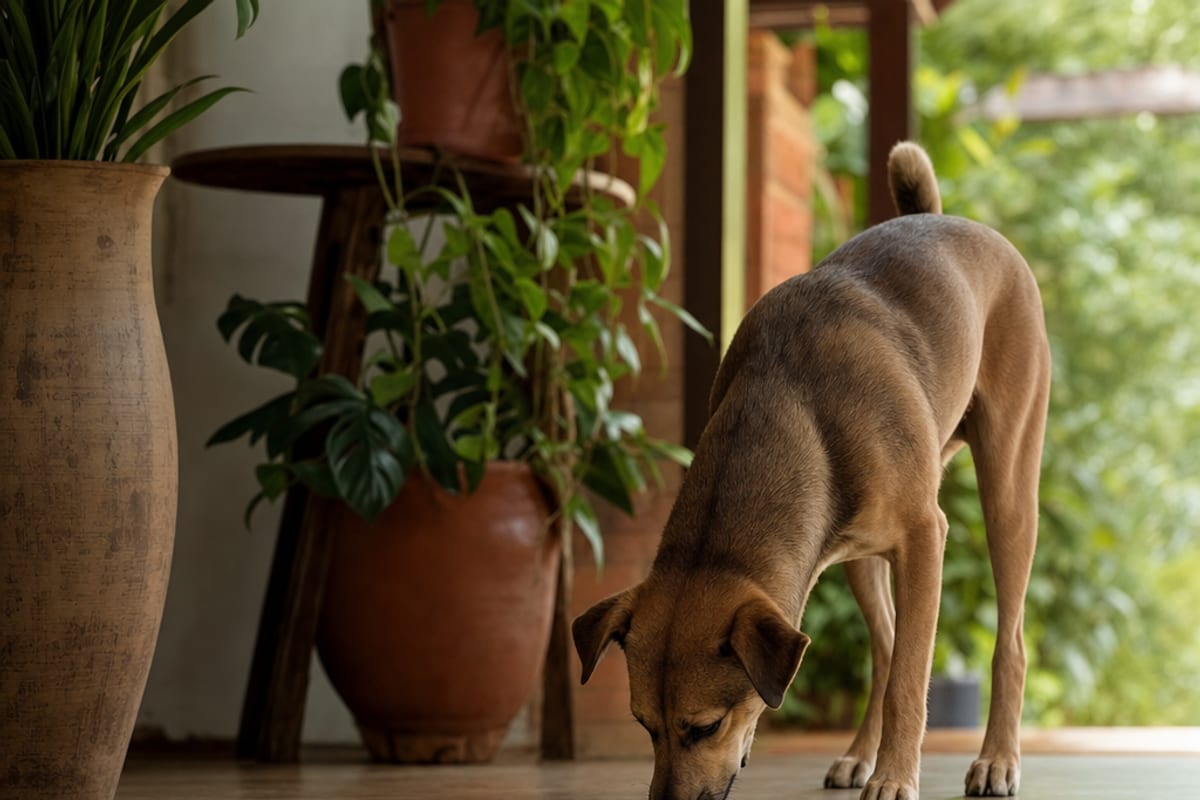 Cão caramelo fareja pequenos pedaços de alimento visíveis em um piso livre de obstáculos, com passagem aberta ao fundo.