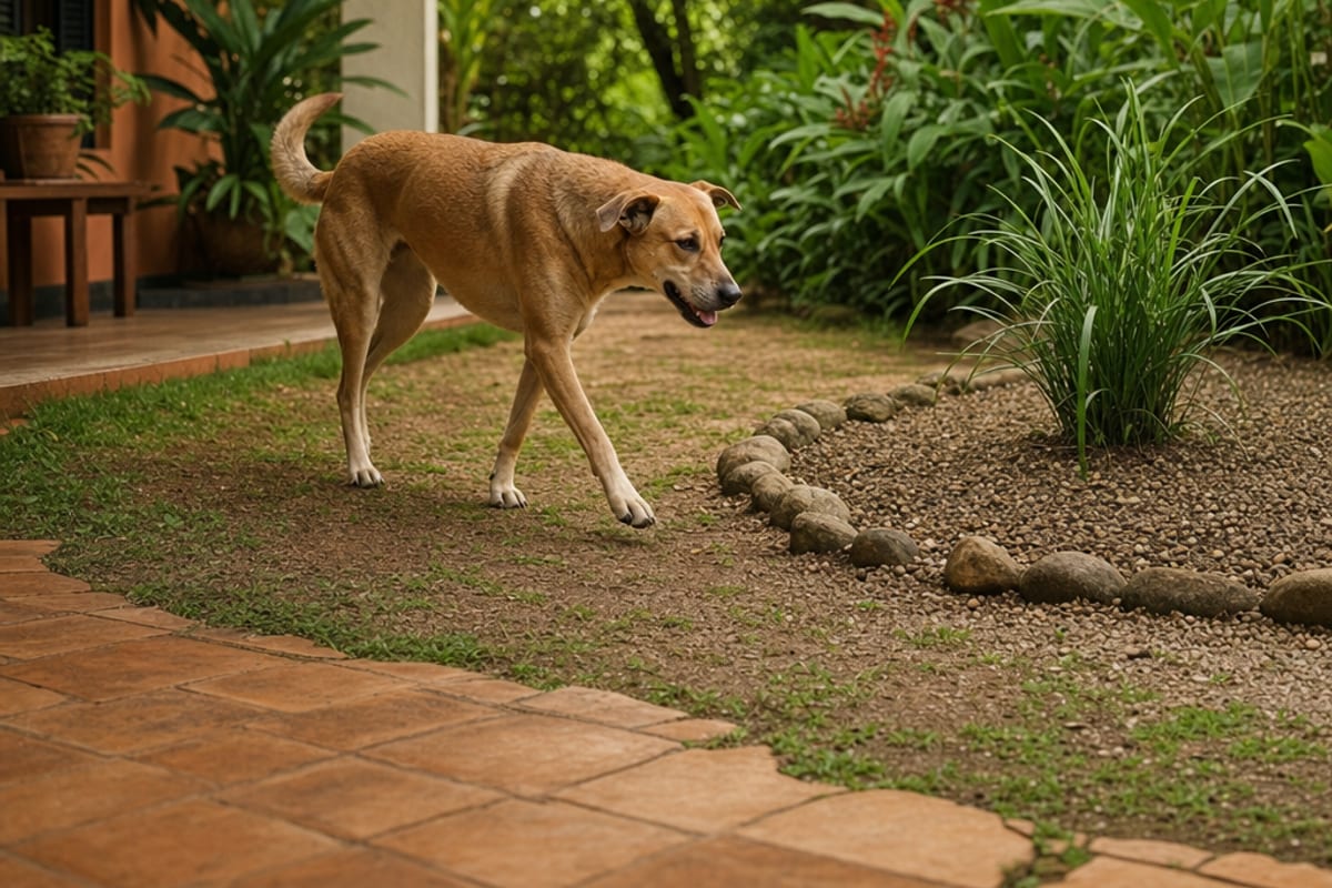 Cão calmo se aproxima de um local externo de higiene com piso permeável, jardim ao lado e caminho aberto de volta para casa.